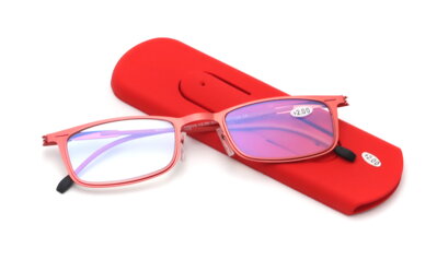 V3013 dioptrické brýle s Blue Light filtrem a pouzdrem jako stojánek na mobilní telefon - červené
