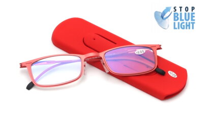 V3013 dioptrické brýle s Blue Light filtrem a pouzdrem jako stojánek na mobilní telefon - červené
